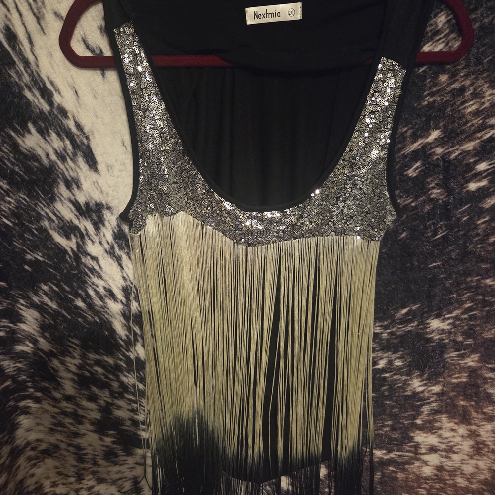 Next Black and Silver Sequin Fringe Tank Top